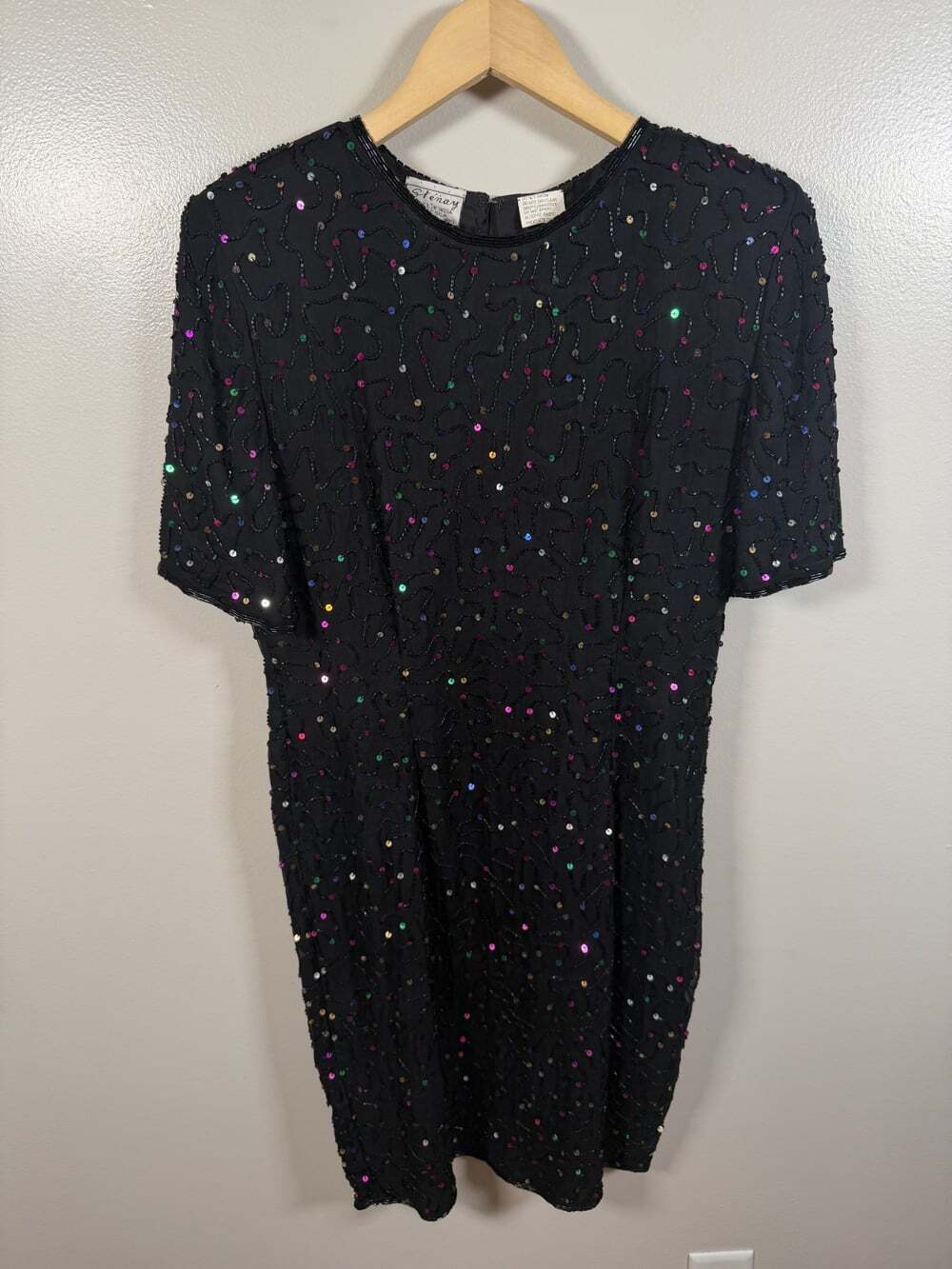 Vintage Stenay Silk Beaded Dress Size 12 Black Rainbow Sequin 80s 90s Cocktail